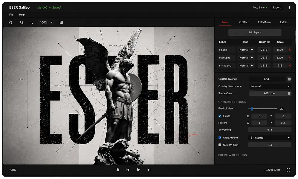 ESEER desktop creator interface showing layers, timeline keyframes, viewport, and camera settings